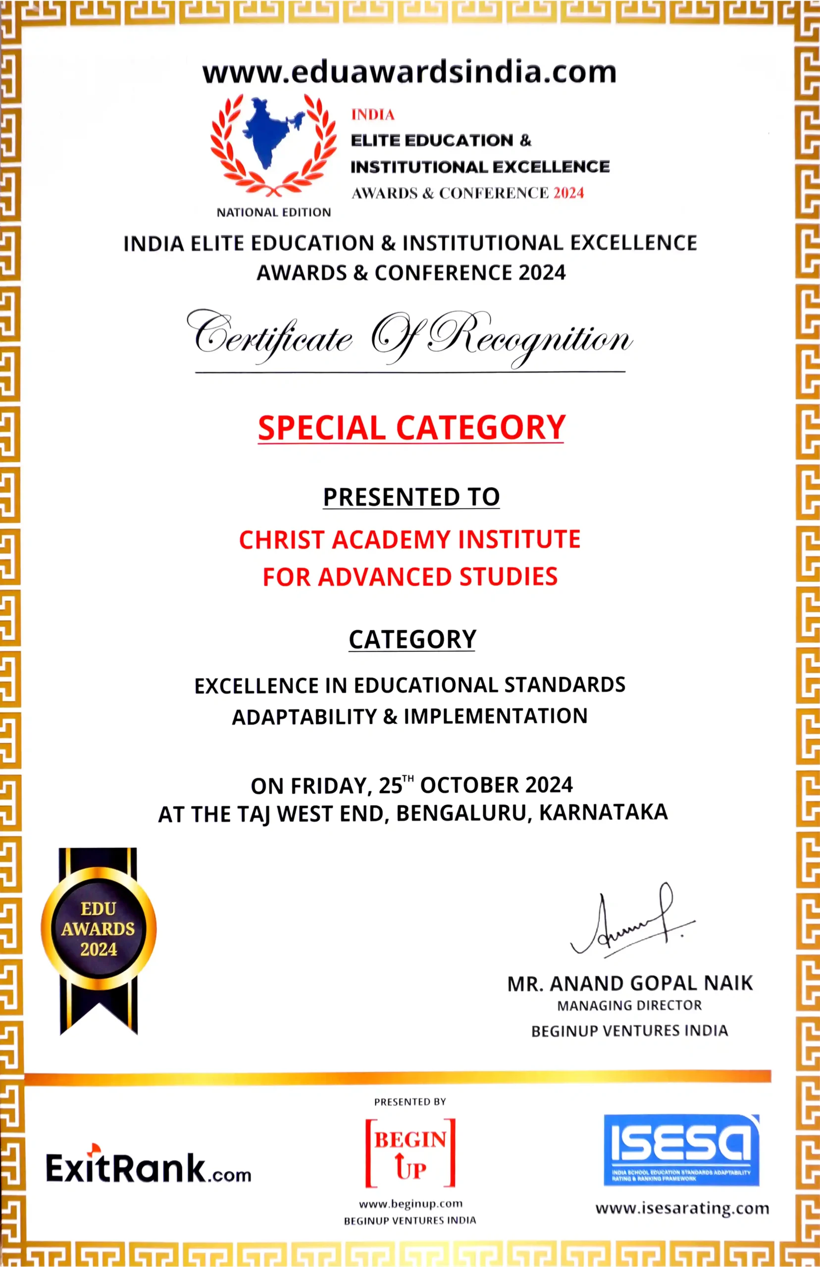 India Elite Education award certificate