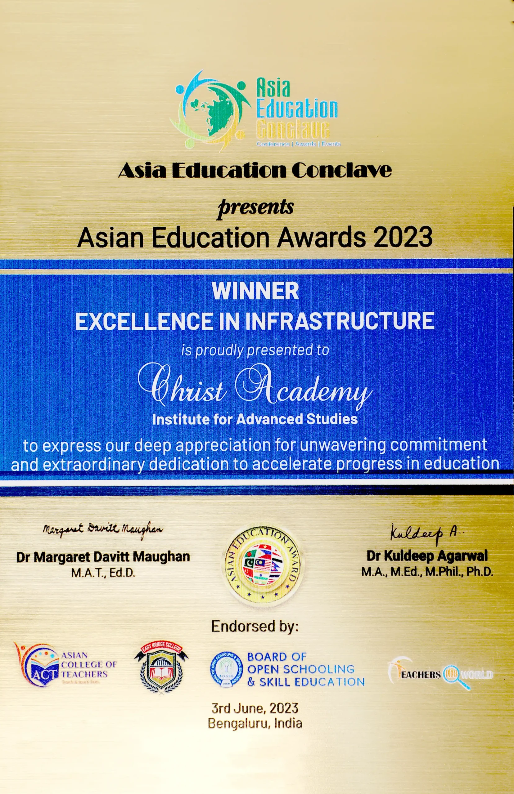 Asian Education Awards 2023 certificate