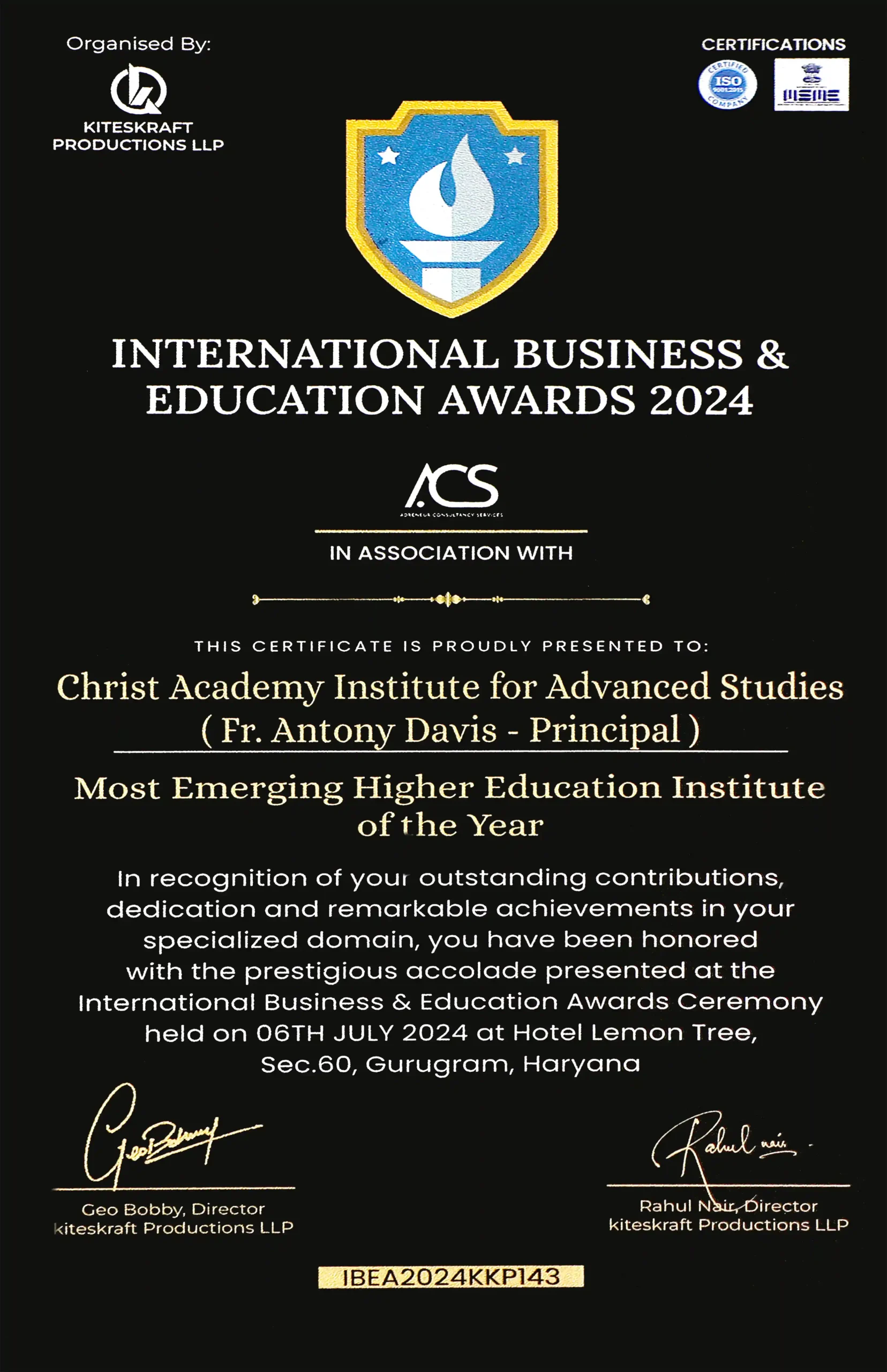 International Business and Education Awards certificate